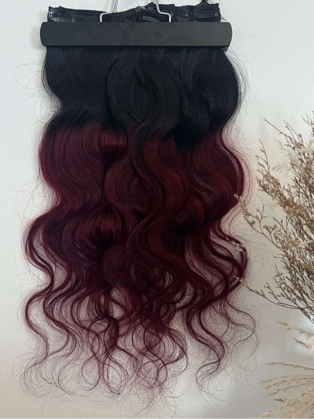 18” 100% Human Hair Clip-In Extensions Black to Burgundy Ombre Body Wave Set